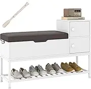 Giantex Entryway Bench, Shoe Bench with Flip Top Box & 2 Door Cabinets, PVC Seat Cushion, Bottom Shoe Rack & Side Hook, Retractable Shoehorn, Storage Organizer (White+ Grey)
