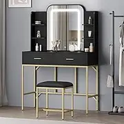 ALFORDSON Spacious Dressing Table, 2 Drawers & 6 Shelves, Vanity for Bedroom, 100x40x146.5cm, Black Color- Adjustable Brightness, Matching Stool