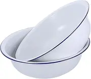 Happyyami 2pcs Vintage Enamelware Basin - White 36cm Classic Bowl with Blue Rim for Mixing, Washing, Camping & Fruit Serving