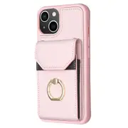 For iPhone 15 PU Leather Coated TPU Phone Case Ring Kickstand Back Cover with Card Bag