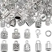 1 Box 230Pcs Cord End Caps Tibetan Antique Silver Leather Kumihimo Bracelets Supplies Glue in Crimp Tube Barrel End Tip Lobster Clasps Jump Rings Cord Terminator for Jewelry Making Kit