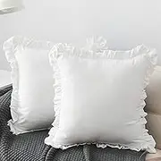 CAWANFLY Set of 2 Decorative Throw Pillow Covers with Cute Pom Pom, Square Soft Cushion Case Home Decor for Couch Sofa Bed (White-Ruffle, 18x18 Inch)