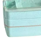 (Green)Lunch Food Box 3 Layers Leakage Proof Stackable Rectangular Portable B