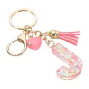 Initial Letter Keychain, Letter J Heart Design Charm with Tassels, Pink