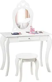 [Honey Joy] Kids Vanity Set with Mirror, 2 in 1 Wooden Princess Makeup Vanity Dressing Table with Detachable Top, Toddler Vanity Set with Drawer & Stool, Pretend Play Vanity Set for Little Girls (White)