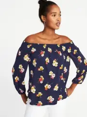 OLD NAVY NAVY FLORAL PRINT SMOCKED BAND OFF SHOULDER ¾ SLEEVE TOP SIZE M