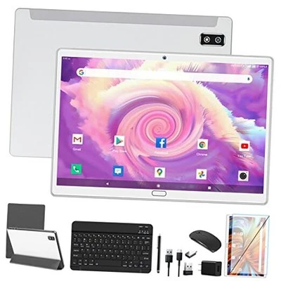 Android 13 2 in 1 Tablet - 10.1 Inch HD, 4G Cellular with Keyboard, Silver