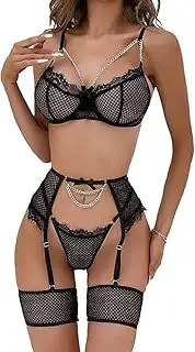 [Generic] Women Lingerie Set with Garter Belts Lace Underwire Bra and Panty High Waisted 3 Piece Set