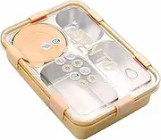 Stainless Steel Lunch Box, 4 Compartments 900ML 304 Stainless Steel Bento Lunch Box with Lid, Soup Bowl, Chopsticks, Spoon, Reusable Lunch Container for Students Workers (Yellow)