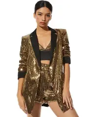 Alice + Olivia New Kylie Shawl Collar Sequin Blazer Jacket Gold Small