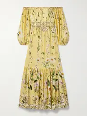 [Camilla] Camilla - Off-the-shoulder Gathered Floral-print Linen And Silk-blend Maxi Dress - Yellow - small small Yellow