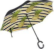 Double Layer Inverted Umbrella Cars Reverse Umbrella Tropical Pineapple Retro 80S Style Windproof UV Proof Travel Outdoor Umbrella