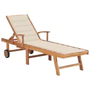 Sun Lounger With Cushion And Wheels Solid Teak Wood Outdoor Beach Pool Sunbed