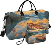 [ZRYSMY] Duffel Bag for Traveling, Landscape Boat Sunset Lake Travel Bag Gym Bag, with Multiple Interior Pockets Shoulder Weekender Bag for Women Men with Toiletry Bag 20.5L x 1.9W x 13.8H