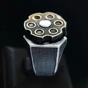 925 Sterling Silver Men's Ring Black Diamond Revolver Spinning Bullets Solid