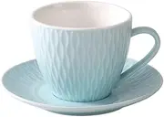 [WAIT FLY] Retro Embossed Ceramic Coffee Mug Set with Saucer, Tea Cup, Breakfast cup, Dessert Plate-Blue-6 OZ
