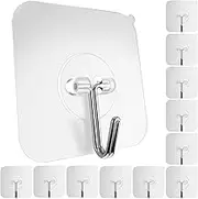 GLUIT Adhesive Hooks for Hanging Heavy Duty Wall Hooks 22 lbs Self Adhesive Sticky Hooks Waterproof Transparent Hooks for Keys Garage Outdoor Office Workshop Door Sticky Hook 12 Pack
