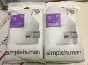 2 Code D 20 Ct SIMPLEHUMAN Custom Fit Trash Bags Can Liners Refill