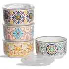 Set Of 4 Ceramic Salad Soup Bowl With Lid: Microwave Safe Containers Meal Prep