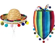 AIMALL Mexican Style Pet Bandana and Straw Hat Set, Colourful Pom Pom Details, Suitable for Small Dogs and Cats