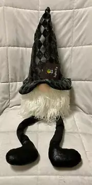 HALLOWEEN Gnome Shelf Sitter LIGHTS UP Legs Boots Hat Gray B&W NEW