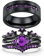 [Ringcrown] Couple Rings Matching Ring Black Crown Ring Purple CZ Womens Wedding Ring Sets Titanium Steel Man Wedding Bands