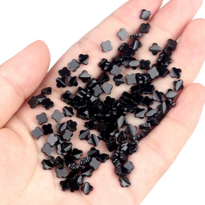 50pcs Natural Black Agate Four Leaf Grass Cab Cabochons Beads DIY No Hole 4mm