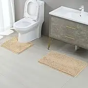 Taicols Bath Mat Set, 2 Pcs Non-Slip Microfiber Shag Bathroom Rug Mat, Chenille Non-Slip Back Bathroom Mat, U Shape Toilet Rug Fleece Softness, Bathroom Carpet, Super Soft Microfiber Bath Rug (Camel)
