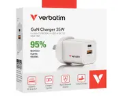 Verbatim 2 Port 35 Watt Portable GaN charger, 1 x USB-C PD 35w, 1x USB-A QC 3.0, 67015