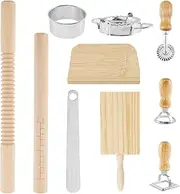 10Pcs Pasta Making Tools Kit with Scales, Wooden Threaded Rolling Pin, Gnocchi Board, Dough Scraper, Dumpling Maker, Ravioli Stamp Maker Cutter, Ravioli Making Tools Kit for Kitchen DIY