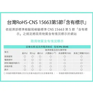 iPlus+保護傘 5切4座3P延長線 PU-3545 6尺~15尺 超薄平貼式省力插頭 獨立開關 壁掛孔設計 雲升數位