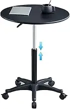 Sit Stand Desk Adjustable Height Standing Desk Living Room Round Height Adjustment Stand Up Desk, Bedroom 360° Rotation Movement Bedside Table with Brake Roller(Black,60 * 60 * 59-80cm)