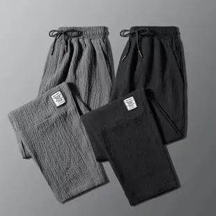 【M-5XL】男士夏季薄款冰絲亞麻運動褲寬鬆彈力腰鉛筆褲大尺碼休閒褲
