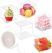 Jutieuo 45pcs Clear Boxes for Favors 3x3x3 Inches with Ribbons, Clear Plastic Cube Candy Boxes Party Favor Treat Boxes, Individual Chocolate Bomb Packaging Box