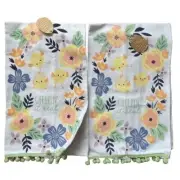Tea Towels Set of 2 Easter Cheepin It Real Chicks Eggs Pastels Ball Fringe Gift