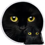 Black Cat with Yellow Eyes Round Beach Towel