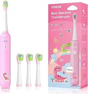 YUNCHI K5 Kids Electric Toothbrush Rechargeable with Waterproof Stickers, 3 Modes with 2 Minutes Timer, Toddler Children Sonic Toothbrush for Girls Ages 3-12, 4 Replacement Heads Soft Bristles, Pink