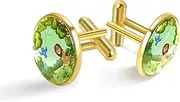 [Generic] Green Forest Lion Monkey Birds Print Classic Stainless Steel Cufflinks for Mens, Suit Shirt Cuff Links Jewelry Business Wedding Gifts, Golden