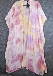 Torrid Top Womens One Size Pink Yellow Drape Ruana Kimono Long Line Flowy New