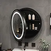 Solid Wood LED Mirror Cabinet, Round Bathroom Wall Mirror with Storage, with 2 Tier Shelves, Touch Button with Defogger, White Light Only, Black-60cm/23inch