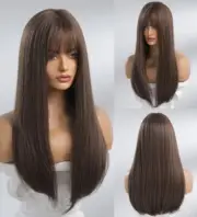 Long Straight Soft Women Dark brown Cosplay Wig With Fringe Synthetic Hair
