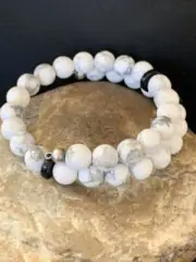 Memory Wire Stainless Steel Howlite Onyx Bead Bracelet 01956