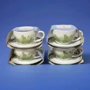 Set Of 4 Peter Rabbit Easter Beatrix Potter Green Ceramic Teacup & Saucer Set