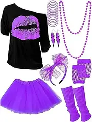 80s costume women Outfit with Accessories 70 80s Party Fancy Dress T-Shirt Tutu Skirt Lace Headband Neon Earrings Necklace Leg Warmers Fishnet Gloves Bracelet