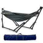 Premium Grey Canvas Hammock with Portable Stand Easy Setup 550 lbs Capacity