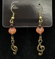 Treble Clef with Orange & Bronze Faceted Bead Earrings by Neanie-Bot