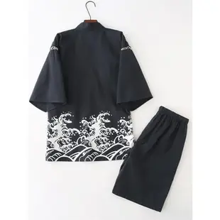 夏季日式男士短袖睡衣套裝系帶家居服甚平日本和服溫泉汗蒸服海浪