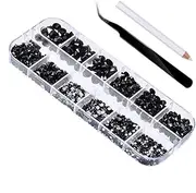Pack of 2000 Flat Back Gems Round Crystal Rhinestones 6 Sizes 1.5-6 mm with Pick Up Tweezers and Rhinestone Picking Pen for Craft Nail Clothing Shoes (Black)