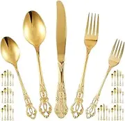 40Pcs Flatware Set, Stainless Steel Gold Silverware Set, Vintage Embossed Kitchen Utensil Kit with Fork Spoon Cutter Cutlery Tableware Set for Home Kitchen