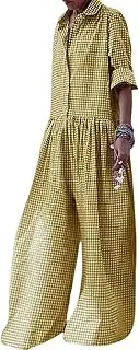[utcoco] Women Long Sleeve Wide Leg Plaid Jumpsuits Casual Loose Fit Button Up One Piece Jumpsuit Long Pants
